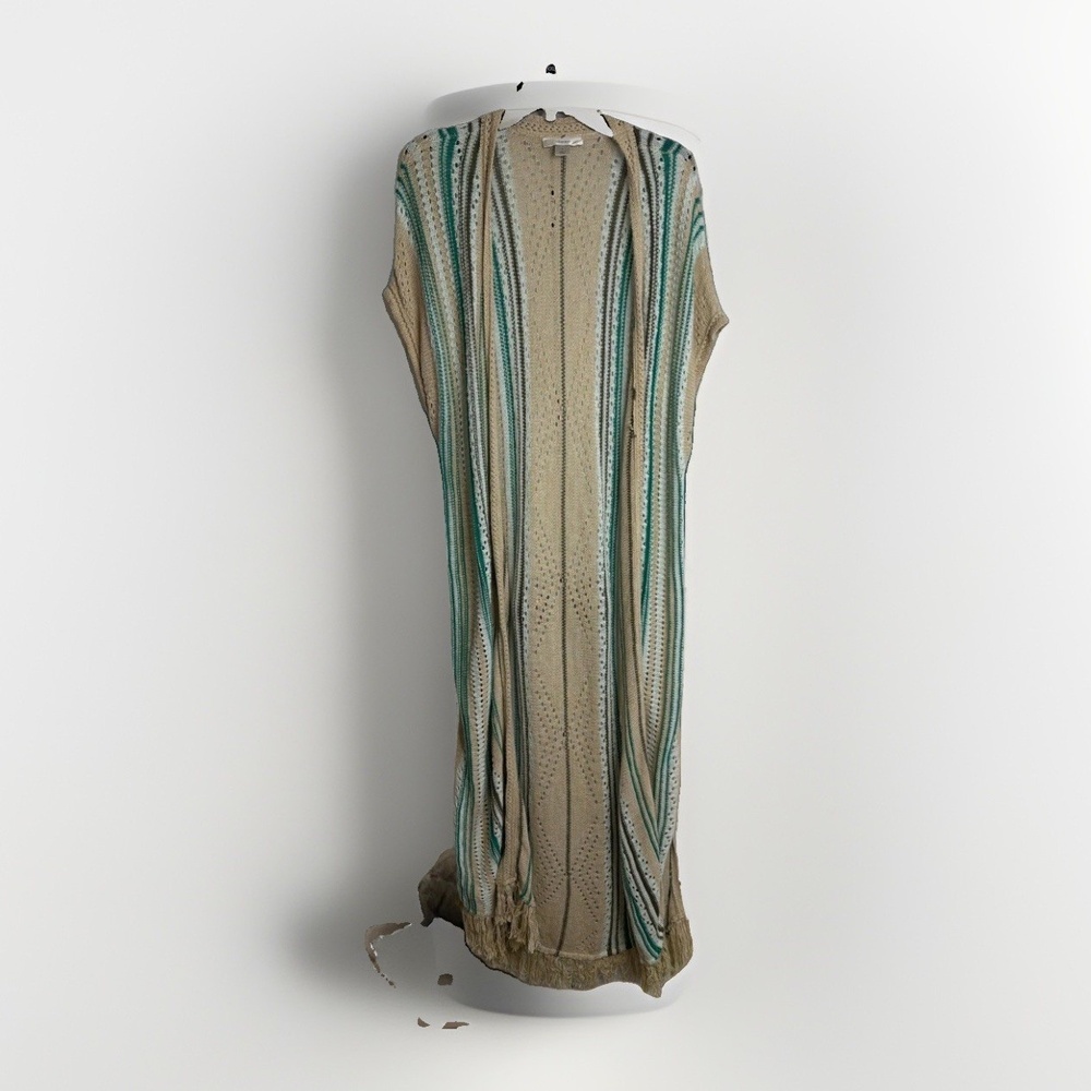 Crochet Linen Blend Knit Cardigan Duster 1X Tan Fringe Boho Cover Up Festival